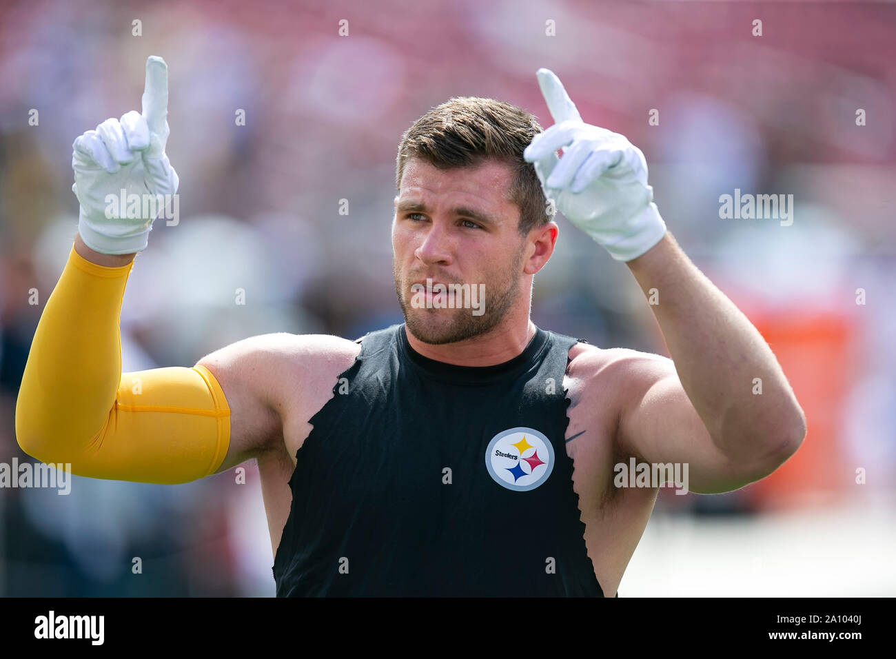 Santa Clara, CA. 22 Sep, 2019. Pittsburgh Steelers außerhalb linebacker T.J. Watt (90) vor der NFL Football Spiel zwischen der Pittsburg Steelers und die San Francisco 49ers bei Levi's Stadion in Santa Clara, CA. Damon Tarver/Cal Sport Media/Alamy leben Nachrichten Stockfoto