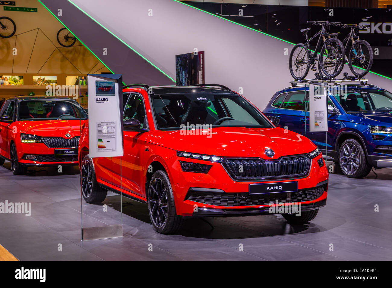 FRANKFURT, Deutschland - September 2019: rote SKODA KAMIQ Kleinwagen Crossover-SUV, IAA International Motor Show Auto Ausstellung. Stockfoto