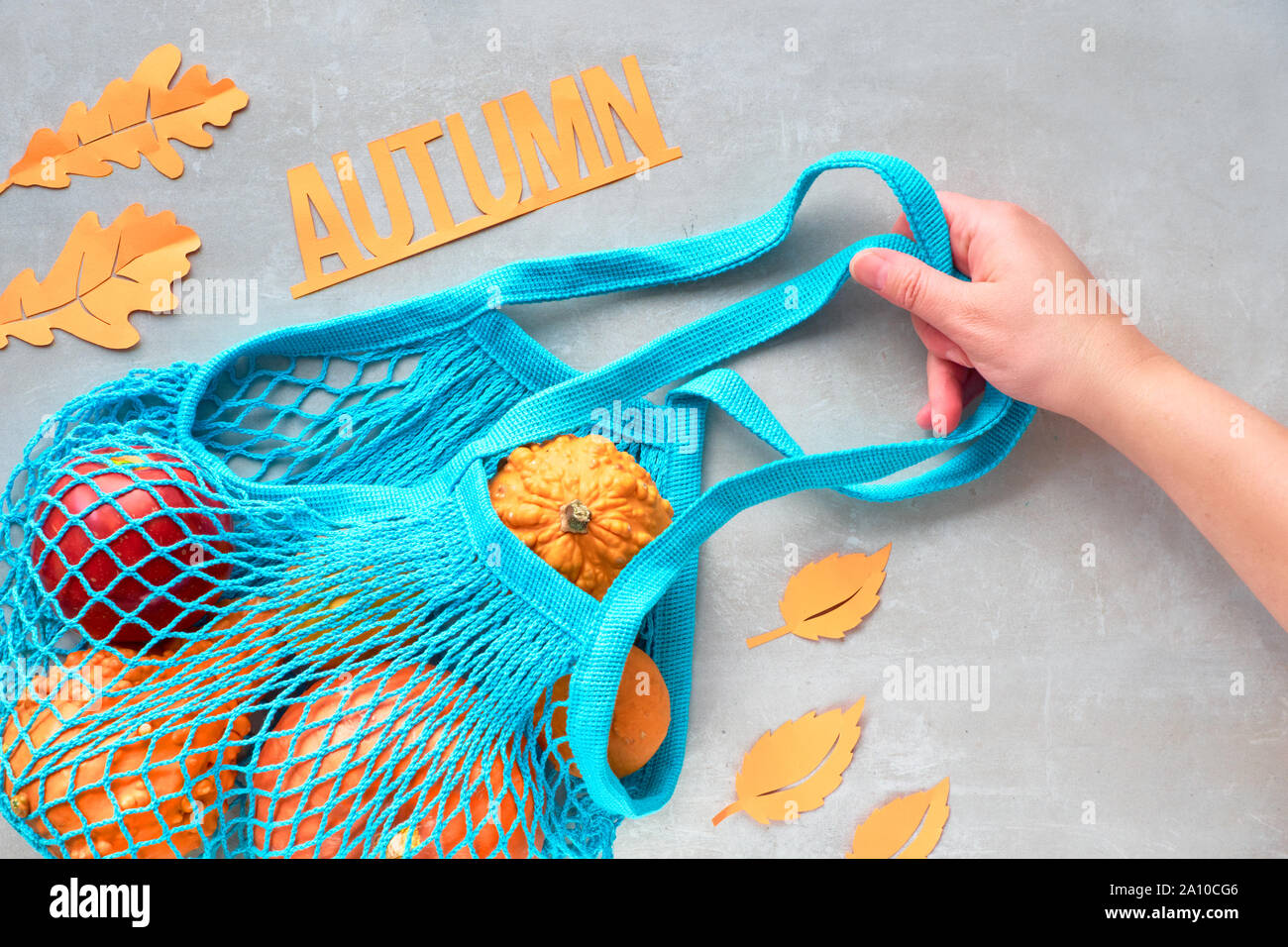 Herbst flach mit Türkis string Tasche mit orange Kürbisse, top vie am grauen Stein Hintergrund Stockfoto