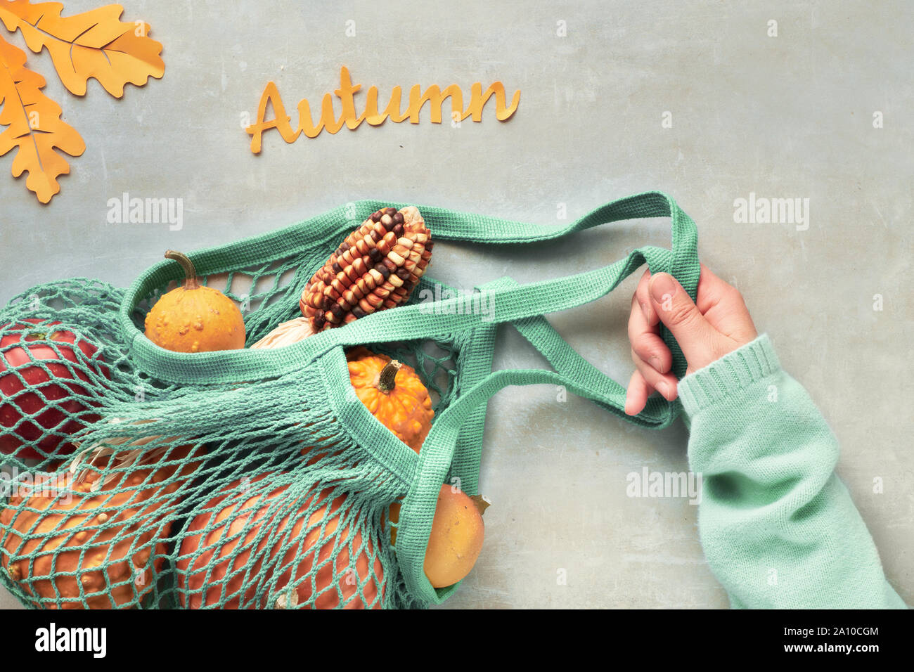 Herbst flach mit Türkis string Tasche mit orange Kürbisse, top vie am grauen Stein Hintergrund Stockfoto
