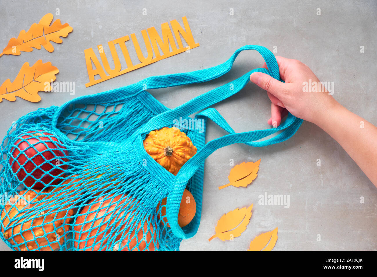 Herbst flach mit Türkis string Tasche mit orange Kürbisse, top vie am grauen Stein Hintergrund Stockfoto