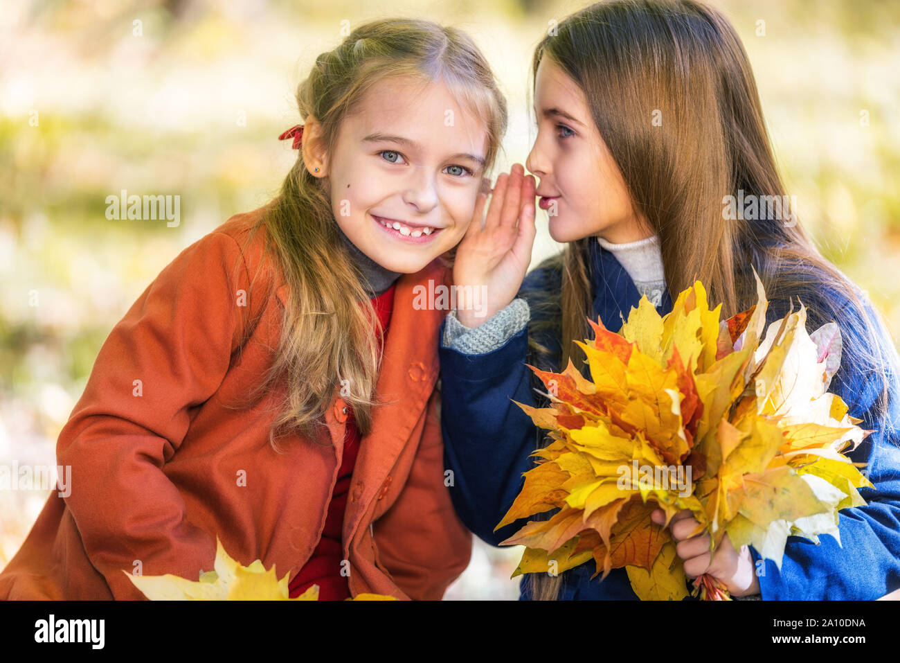 Zwei süße Lächeln 8 Jahre alte Mädchen in einem Park Plaudern auf einem sonnigen Herbsttag. Stockfoto