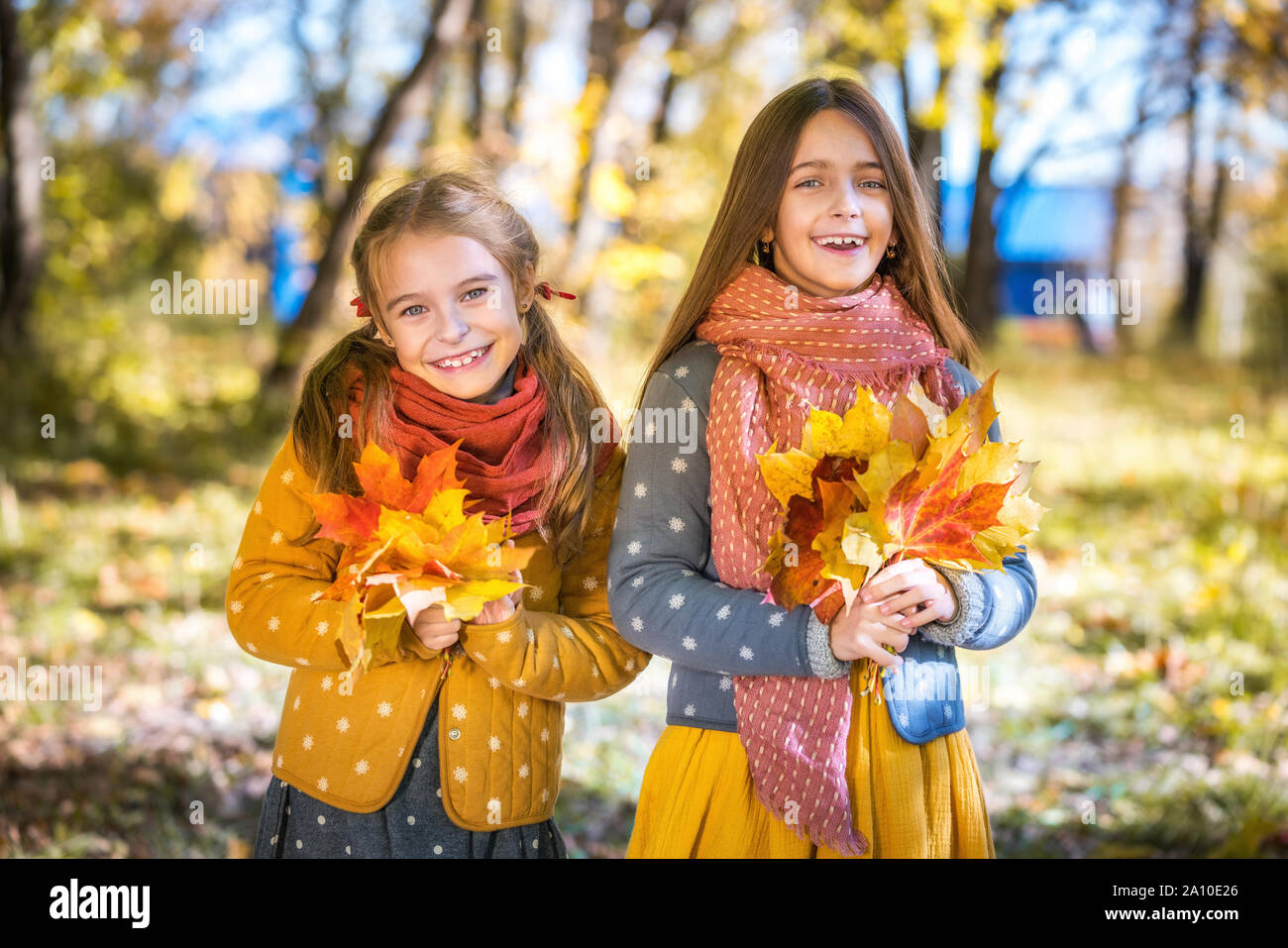 Zwei süße Lächeln 8 Jahre alten Mädchen zusammen Posieren in einem Park auf einem sonnigen Herbsttag. Stockfoto