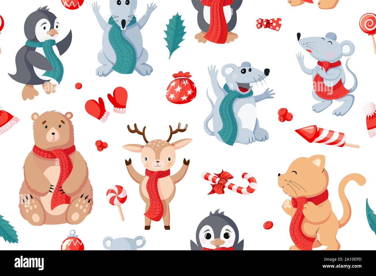 Nahtlose Weihnachten Muster Hintergrund mit Tieren und Urlaub Attribute Stock Vektor
