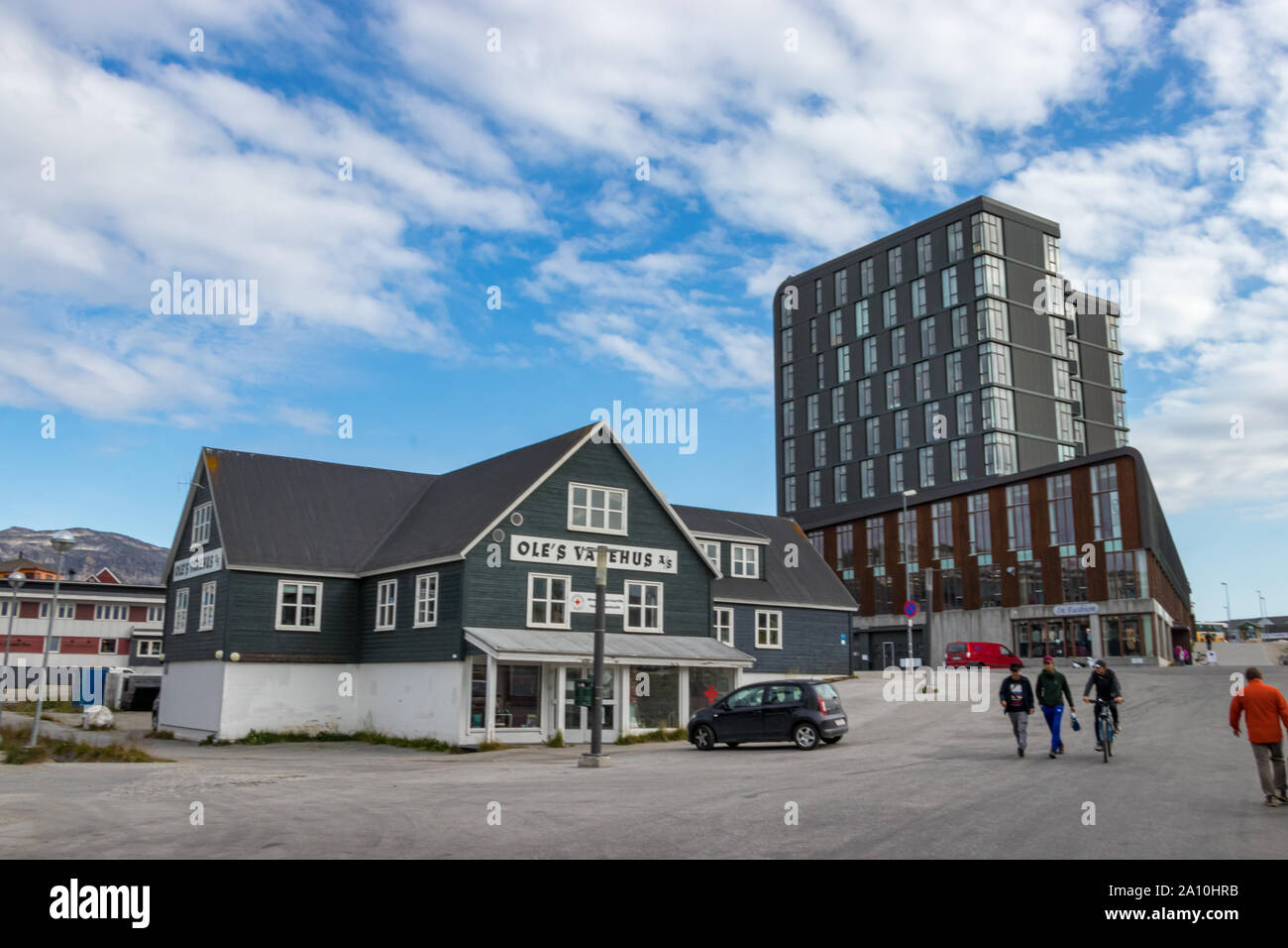 Kommerzielle Gebäude im Zentrum von Nuuk, Grönland. Stockfoto