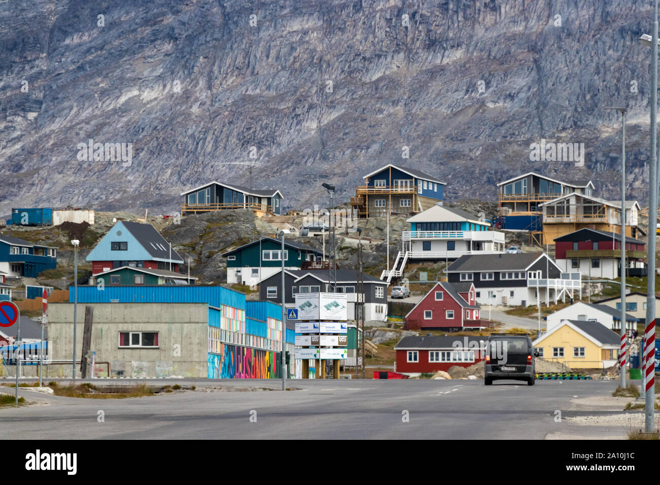 Wohn- Holzhäuser im Zentrum von Nuuk, Grönland. Stockfoto