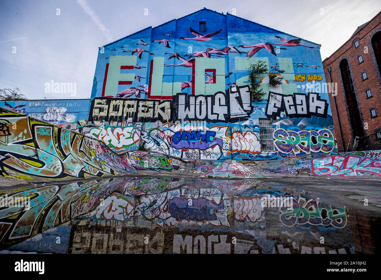 Eine Mischung aus bunten Formulierungen und Bilder decken ein Skate Park in der Ostsee Dreieck von Liverpool. Die Straßen der Stadt, mit Ausbrüchen von Farbe umgewandelt worden, als Künstler, die ihre Spuren. Stockfoto