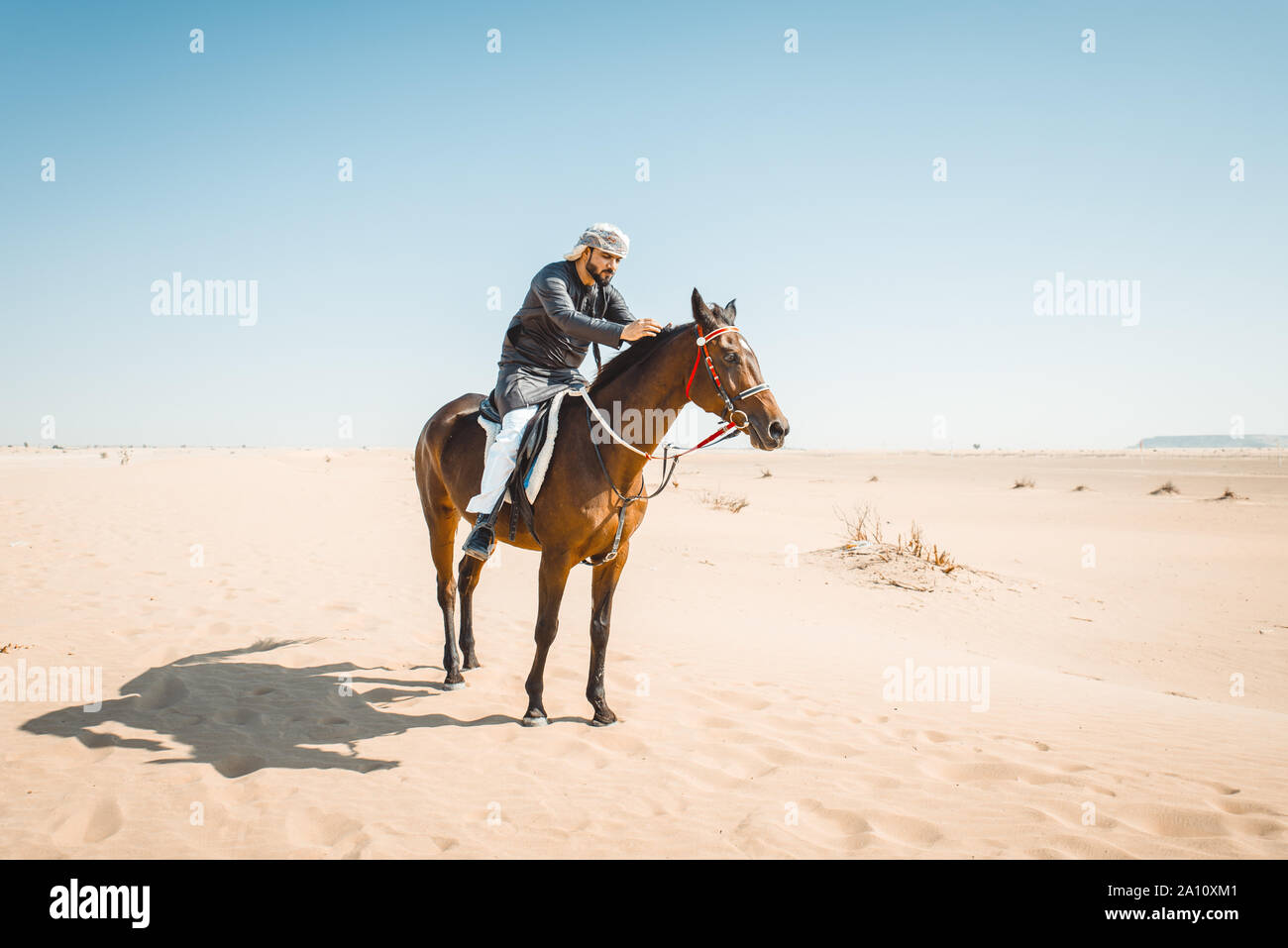 Junge Erwachsene mit Kandura, den Emiraten traditionelle Kleidung, Reiter sein Pferd in der Wüste Stockfoto