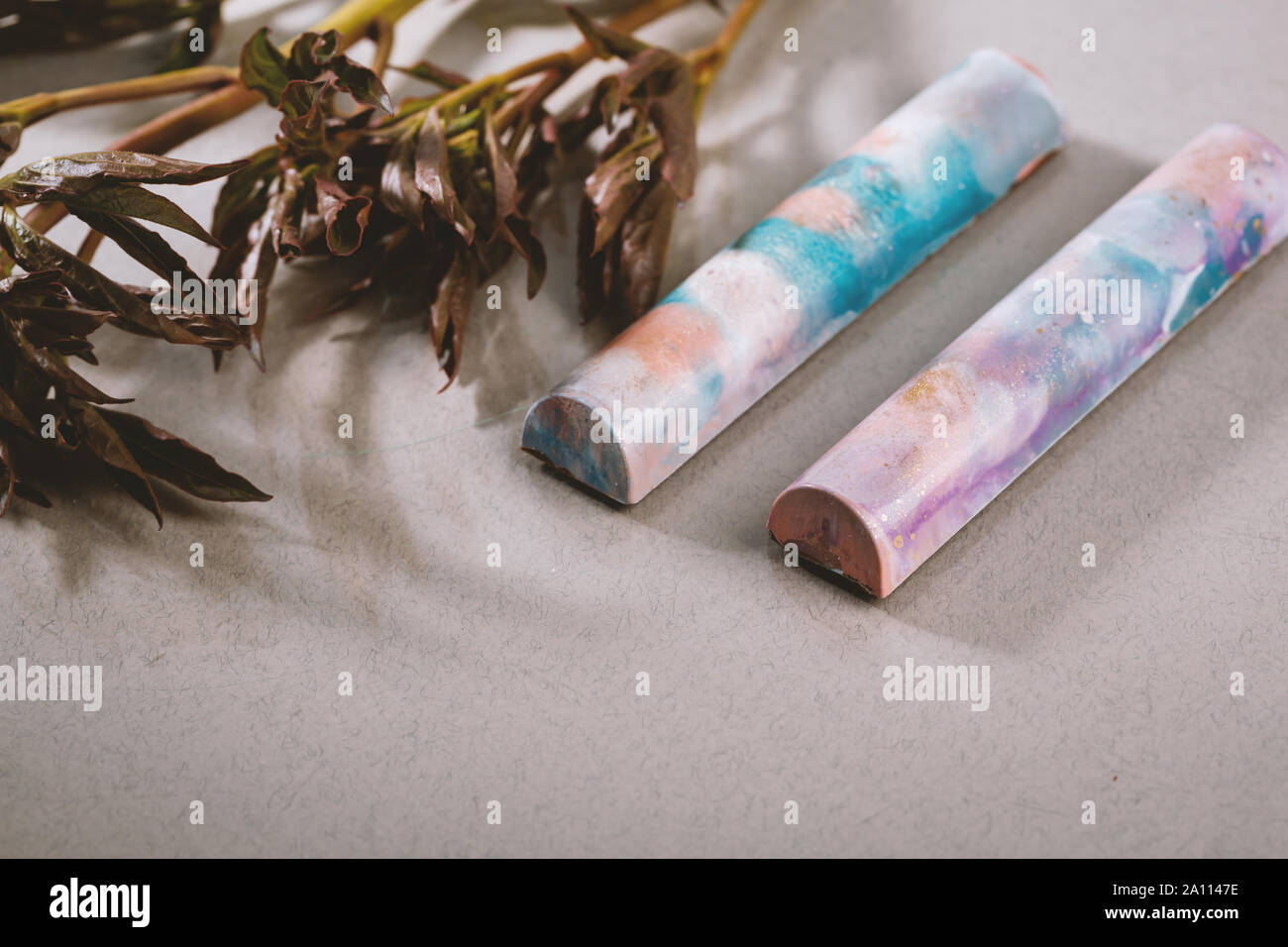 Exklusive Schokolade Süßigkeiten und Anlagen Stockfoto