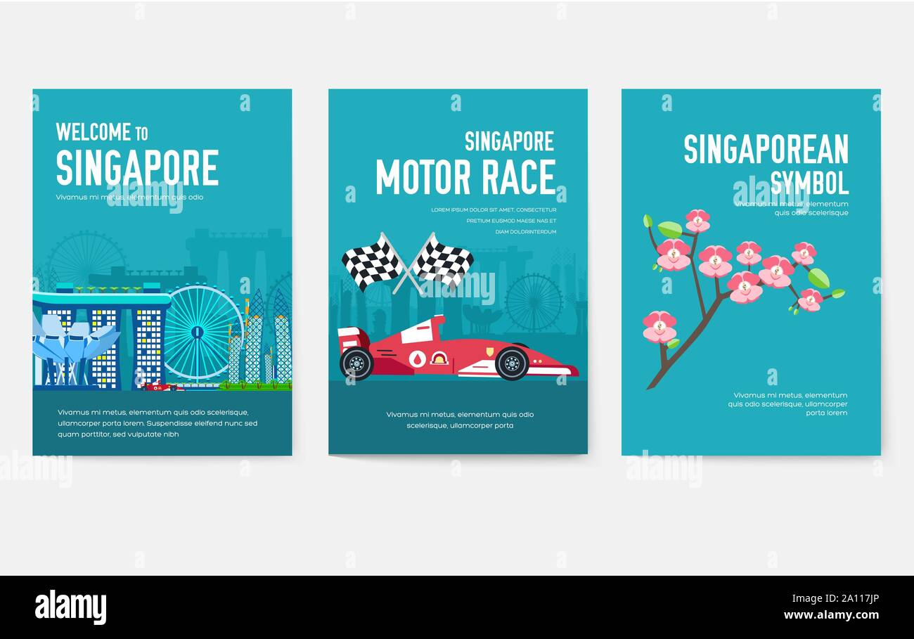 Land Singapur reisen urlaub Guide von Waren, Orte und Funktionen. Satz von Architektur, Gegenstände, Natur Hintergrund Konzept. Infografik template Design für Web und mobile auf einem flachen Stock Vektor