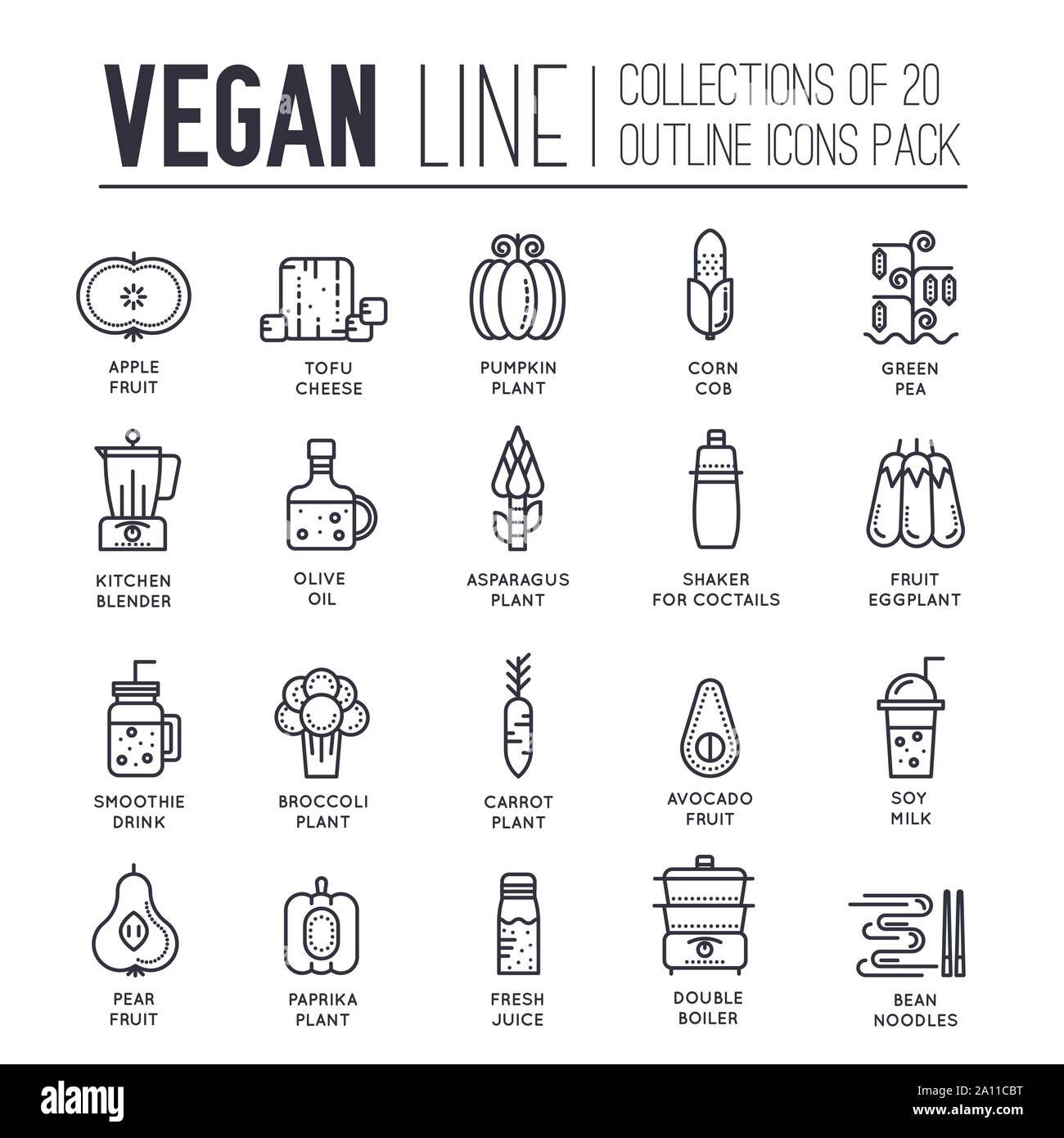 Eingestellt von vegan dünne Linie Icons, Logos isoliert auf weißem Hintergrund. Obst und Gemüse übersicht Piktogramme Sammlung. Vegetarische Speisen und Getränke Vektor Elemente für Infografik, Web. Stock Vektor