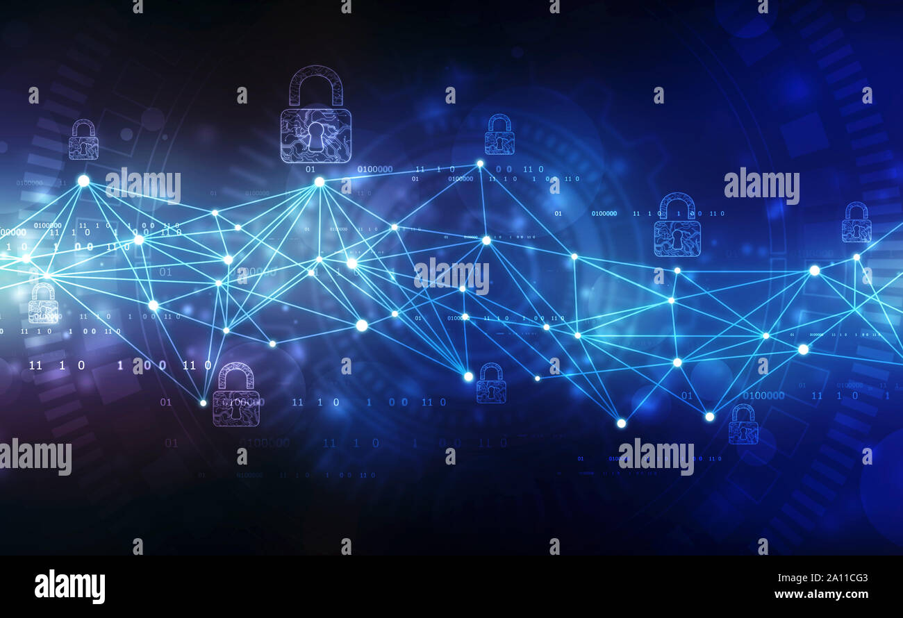 Geschlossenen Vorhängeschloss in der Digitalanzeige, Cyber Security Konzept Hintergrund, Sicherheitskonzept Hintergrund. 2D-Darstellung Stockfoto