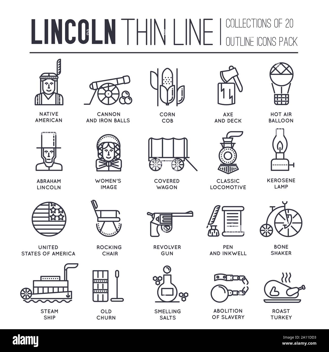 Der Präsident Tag in USA dünne Linie Symbole auf Weiß. Abraham Lincoln's leben Momente Übersicht Piktogramme Sammlung. Der technologische Fortschritt des 19. Jahrhunderts vektor Element für Infografik, Web. Stock Vektor