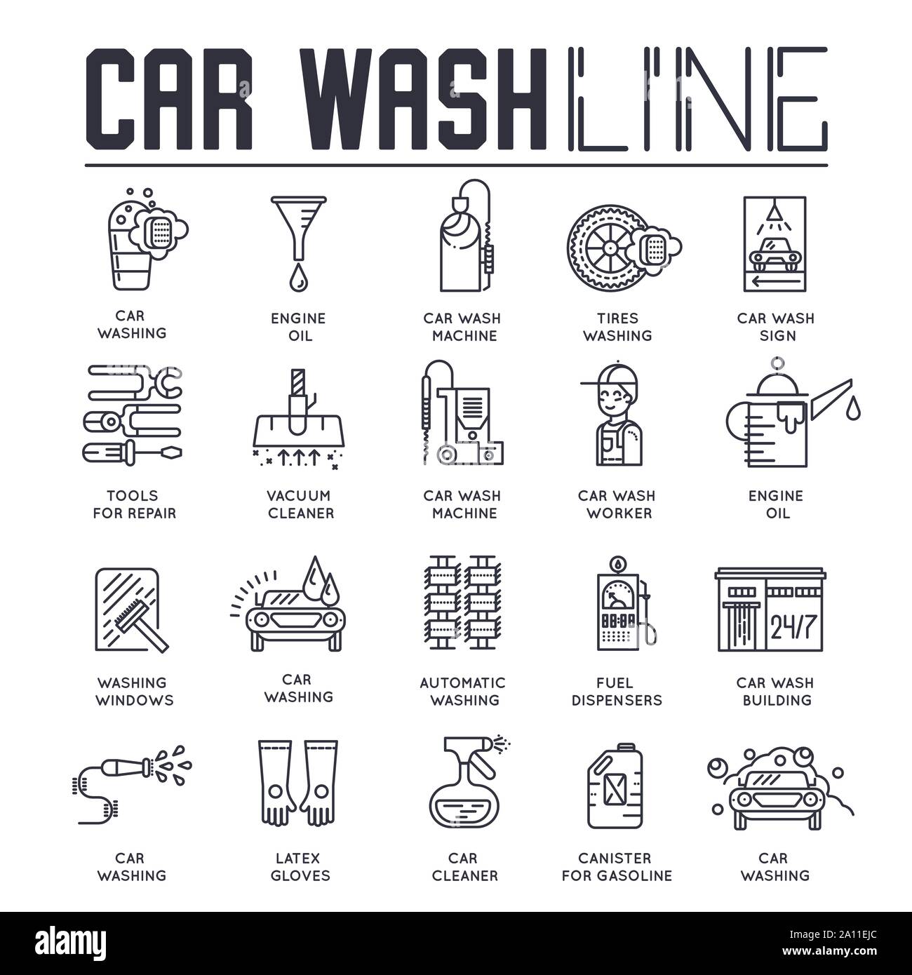 Satz von Auto waschen und Reparatur Dienstleistungen dünne Linie Icons, Logos isoliert auf weißem Hintergrund. Automatische Reinigung und Waschen Umrisse Piktogramme Sammlung. Vektor Elemente für Infografik, Web. Stock Vektor