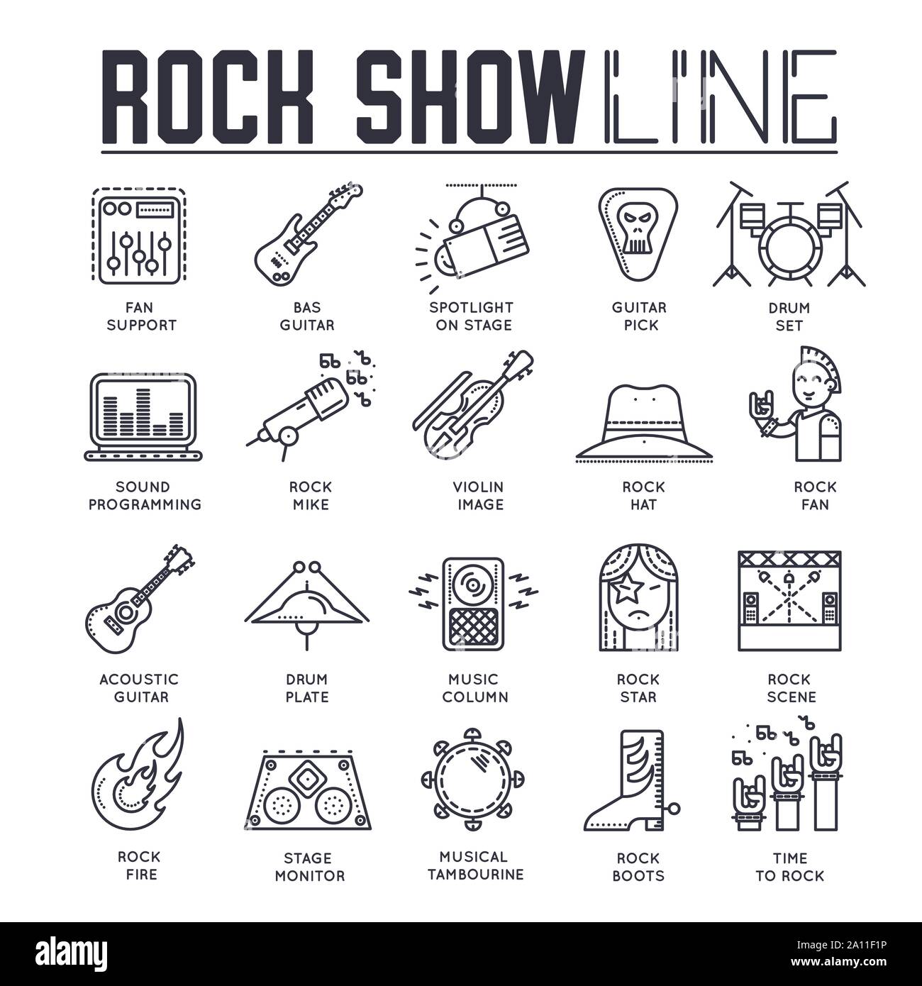 Satz von Rock Show dünne Linie Symbole isoliert auf Weiss. Kleidung, Instrumente, Geräte der Sänger und Musik Spieler Übersicht Piktogramme Sammlung. Unterhaltung Vektor Elemente für Infografik, Web. Stock Vektor