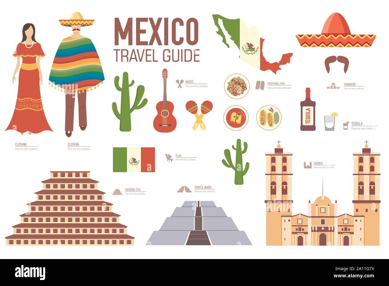 Mexiko Reiseführer Vorlage. Satz von Mexicana Wahrzeichen, Küche, Traditionen flachbild Symbole, Piktogramme auf Weiß. Sehenswürdigkeiten und kulturelle Symbol Vektor Elemente für touristische Infografik, Web. Stock Vektor