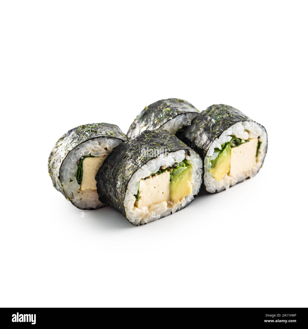 Sushi Maki verschiedene Arten auf weißem Hintergrund Stockfoto