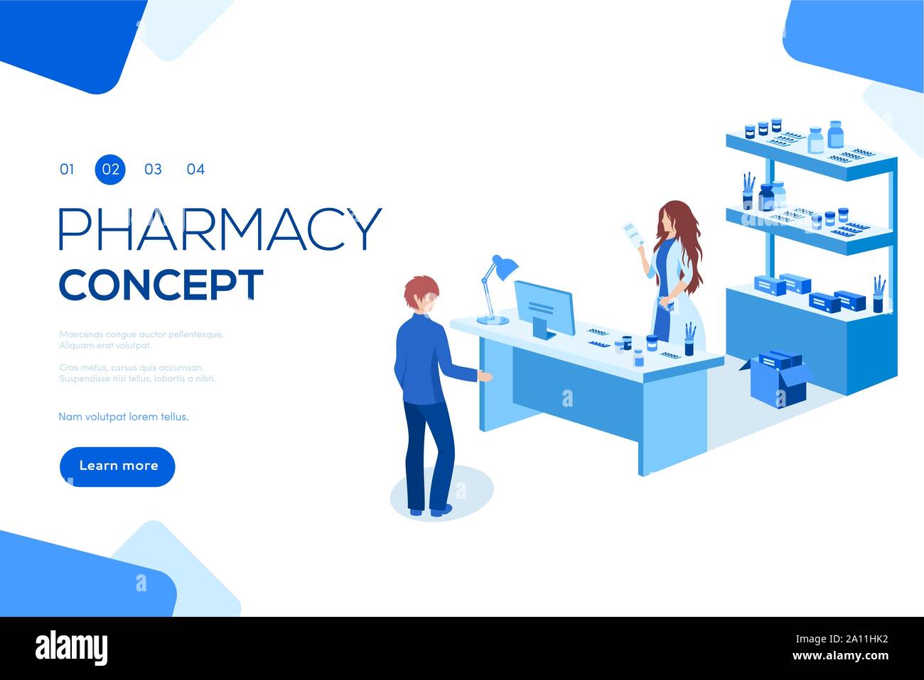 Flache isometrische auf weißem Hintergrund. Arzt, Apotheker und Patienten in der Apotheke. Kann für Webbanner, Infografiken, header Vector Illustration verwenden. Stock Vektor