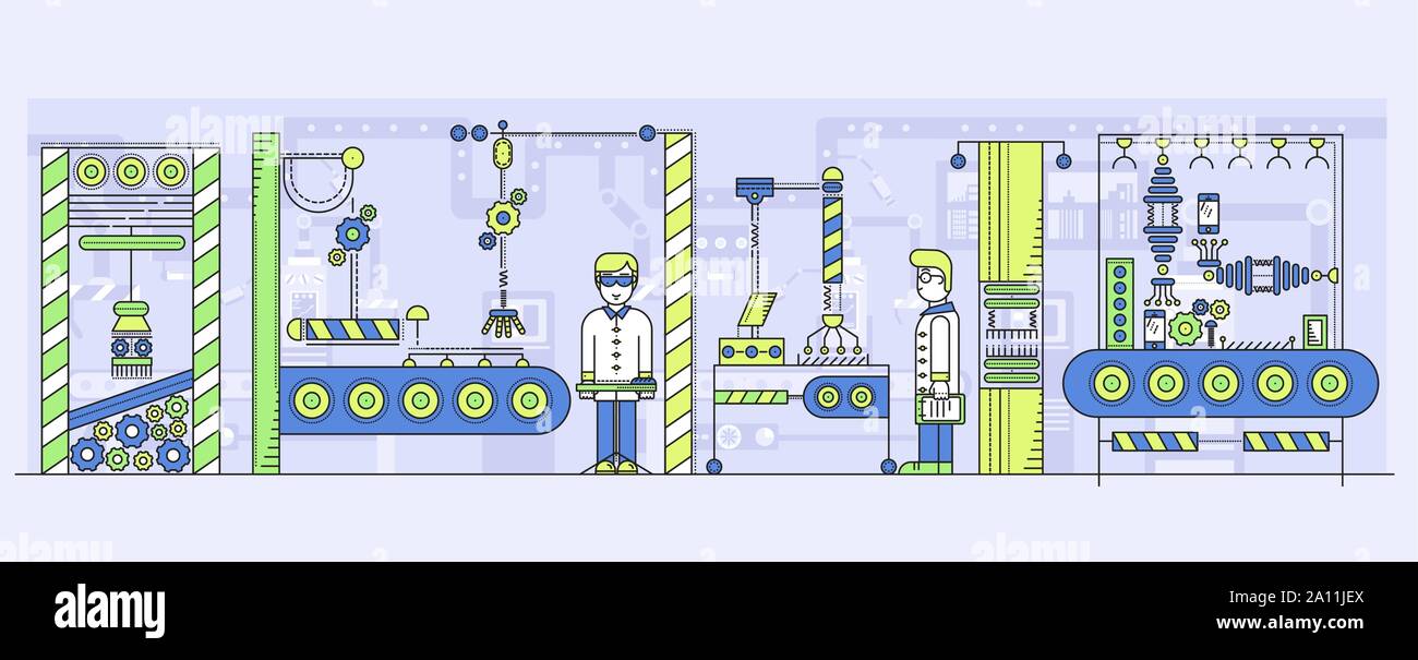 Moderne Technologien der Herstellung von Produkten im Werk oder ab Werk. Automatisches Förderband mit Roboterarmen. Multirobot System waren Produktion Vector Illustration. Stock Vektor