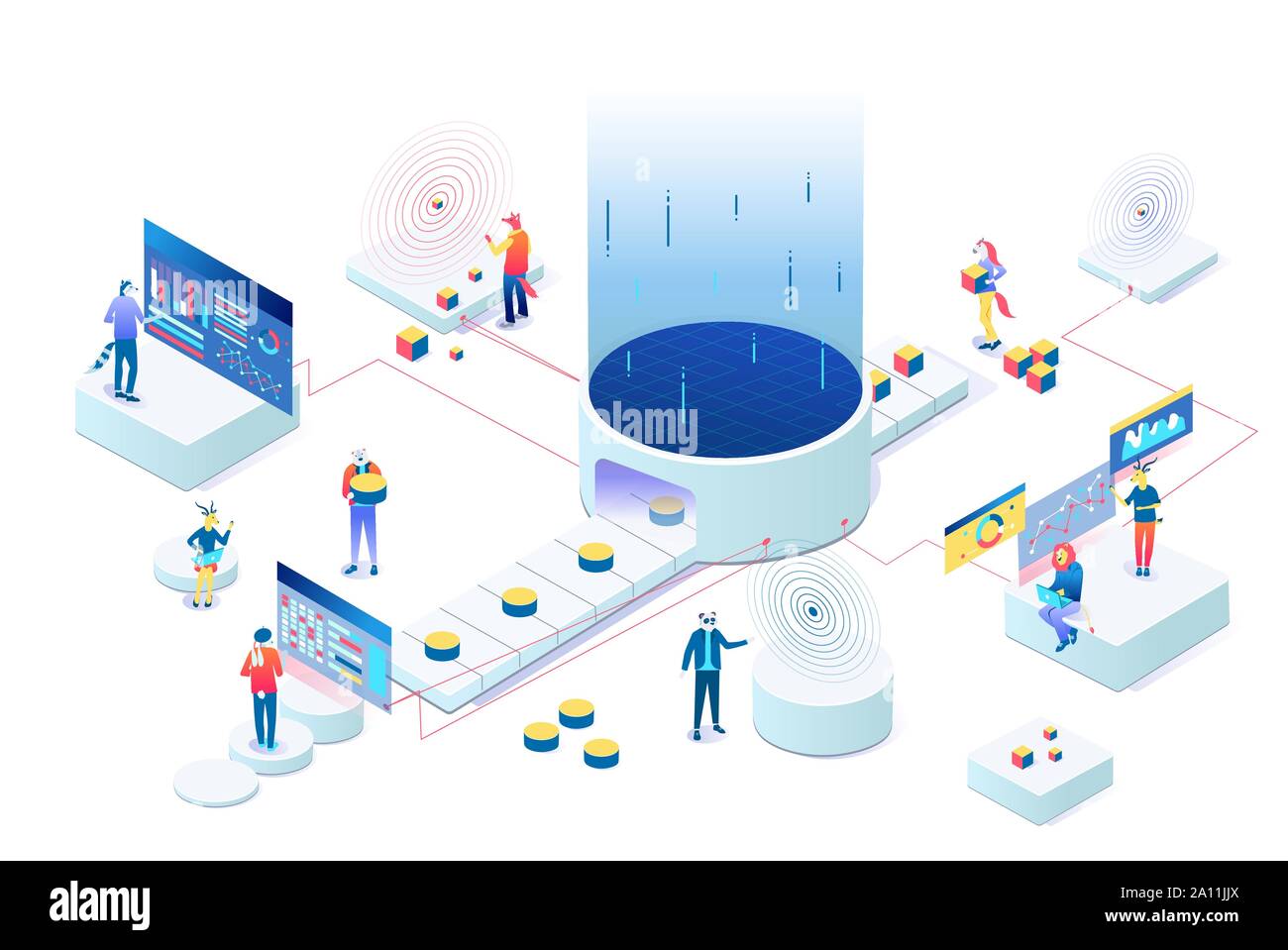 Daten Visualisierung illustration Vektor Konzept. Die Menschen, die interagieren mit Charts und Analyse von Statistiken über 3d-Isometrie. Stock Vektor