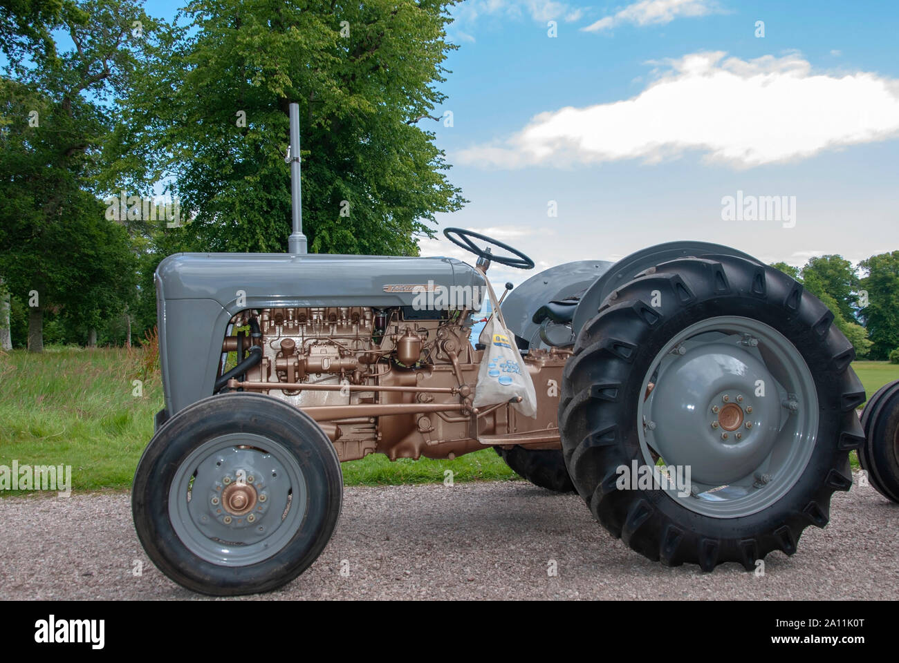 Makellos 1957 Grau Massey Ferguson Gold 35 Modell Traktor Isle of Bute Schottland Großbritannien Passagiere linken Seite rechten Seitenbereich anzeigen alten glänzenden g Stockfoto