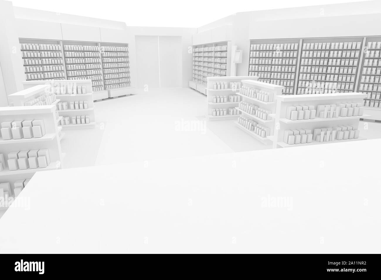 3D-Illustration Rendering. Sauber Apotheke Blick auf weißem Hintergrund für Präsentation und mockup Blaupausen. Architektur der Moderne Stockfoto