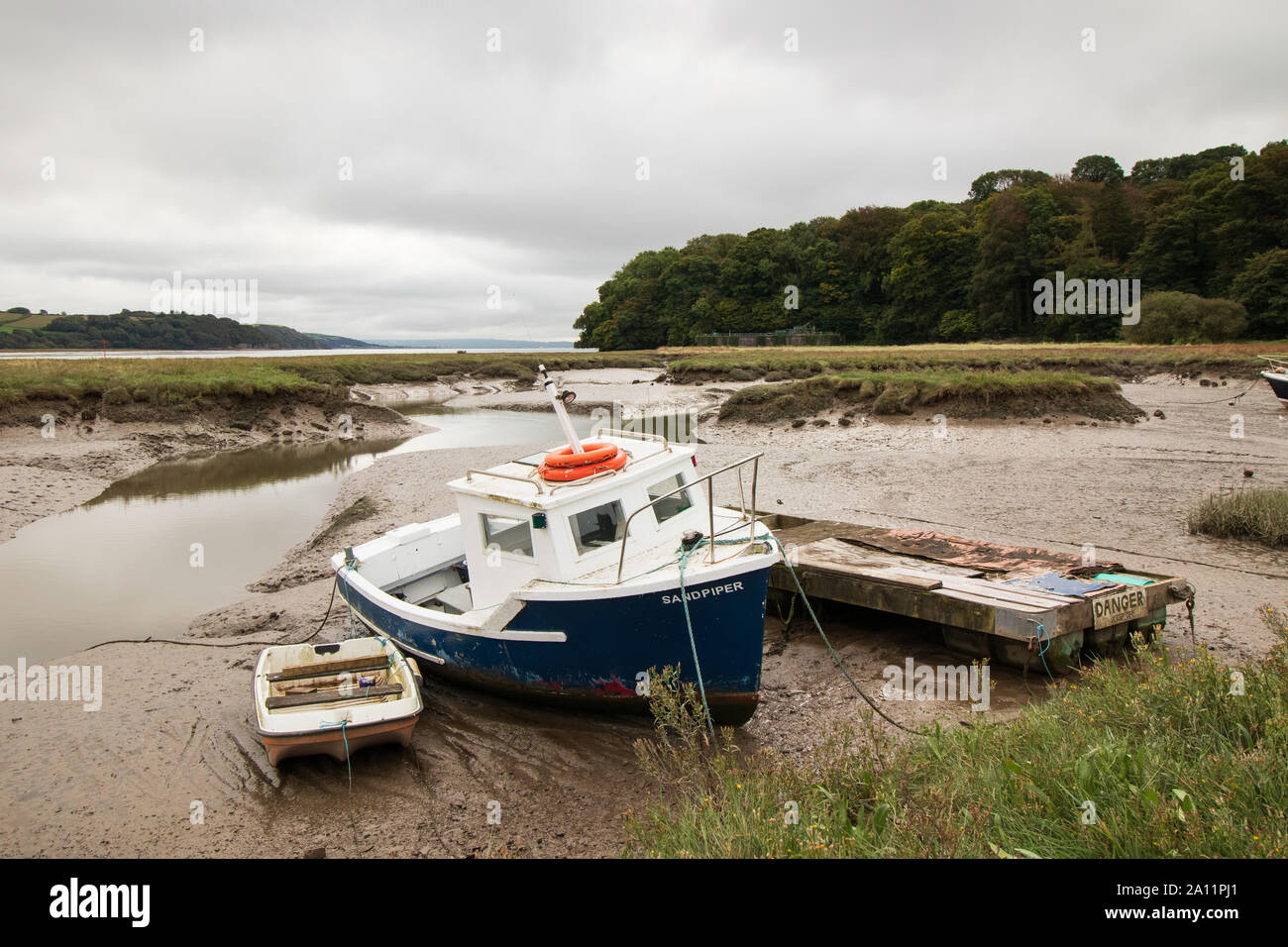 Die Mündung des Laugharne, wo Dylan Thomas schrieb Gedichte insbesondere 'Gedicht im Oktober", die er auf seinem 30. Geburtstag schrieb. Stockfoto