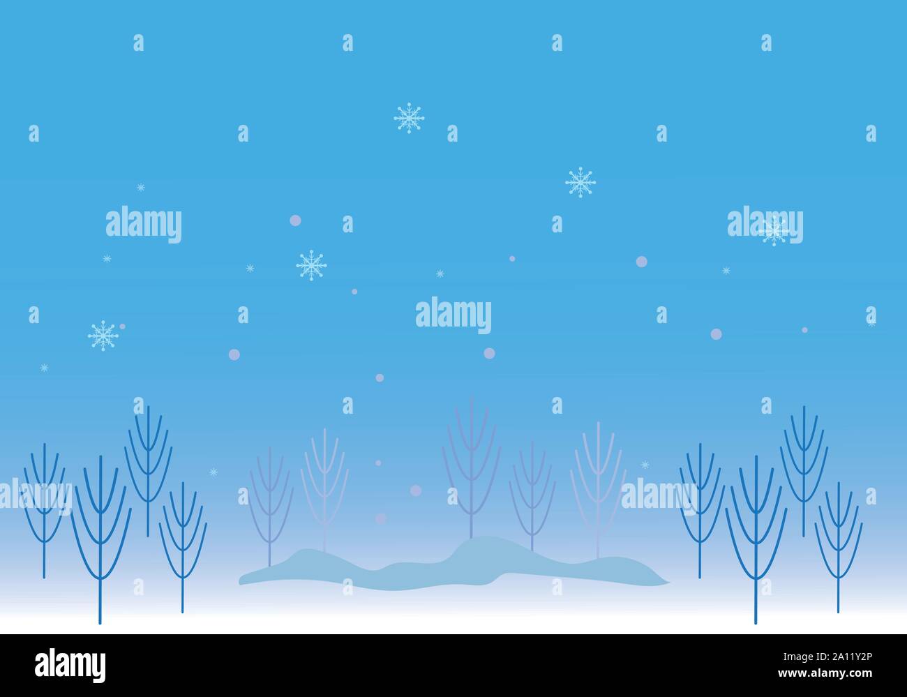 Weihnachtsfeiertag Pinien blauer Himmel mit Schneeflocke Wintersaison. Einfache minimale Linie Pastelltönen Vector Illustration Grafik Hintergrundbild Stock Vektor