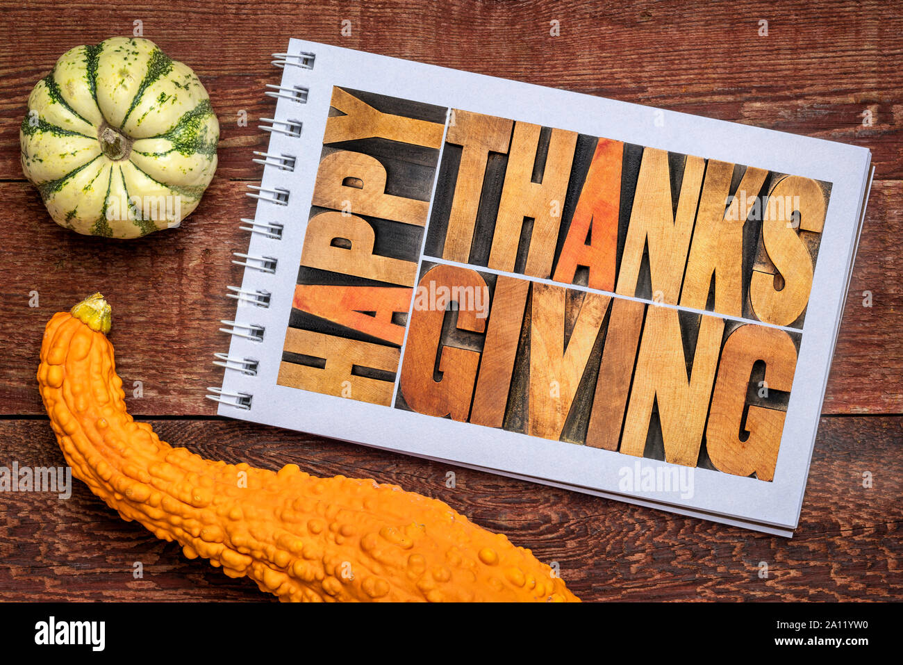 Happy Thanksgiving Grußkarte - Buchdruck Holz Typ Schriftzug in einem Skizzenbuch gegen rustikalen, mit Holz, mit dekorativen Kürbis Stockfoto