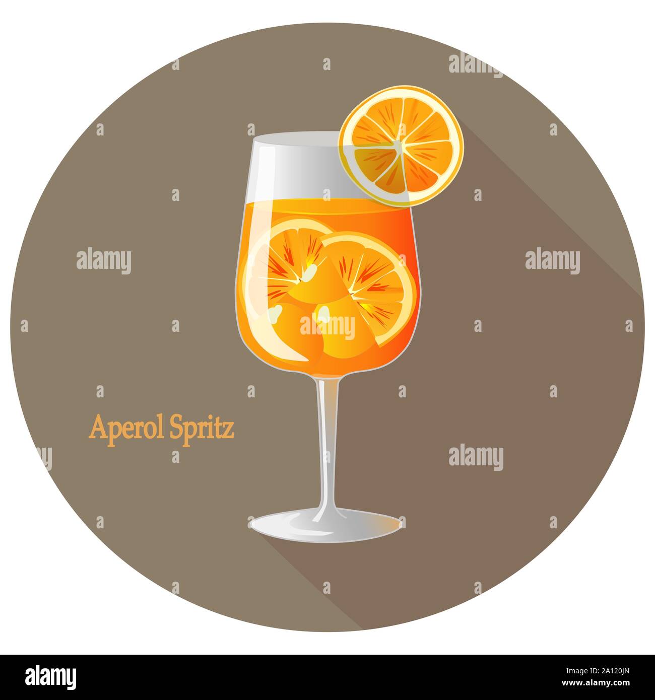 Hand gezeichnet vector Abbildung: Aperol Spritz Alkohol Cocktail mit einem Citrus Orange Slice Dekoration, in einem braunen Kreis mit langen Schatten und Text. B Stock Vektor