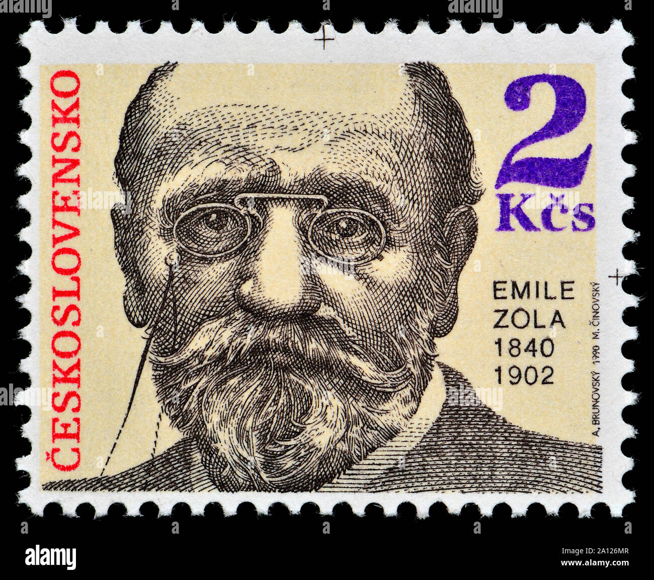 Tschechoslowakische Briefmarke (1990): Emile Zola (1840-1902), französischer Schriftsteller Stockfoto