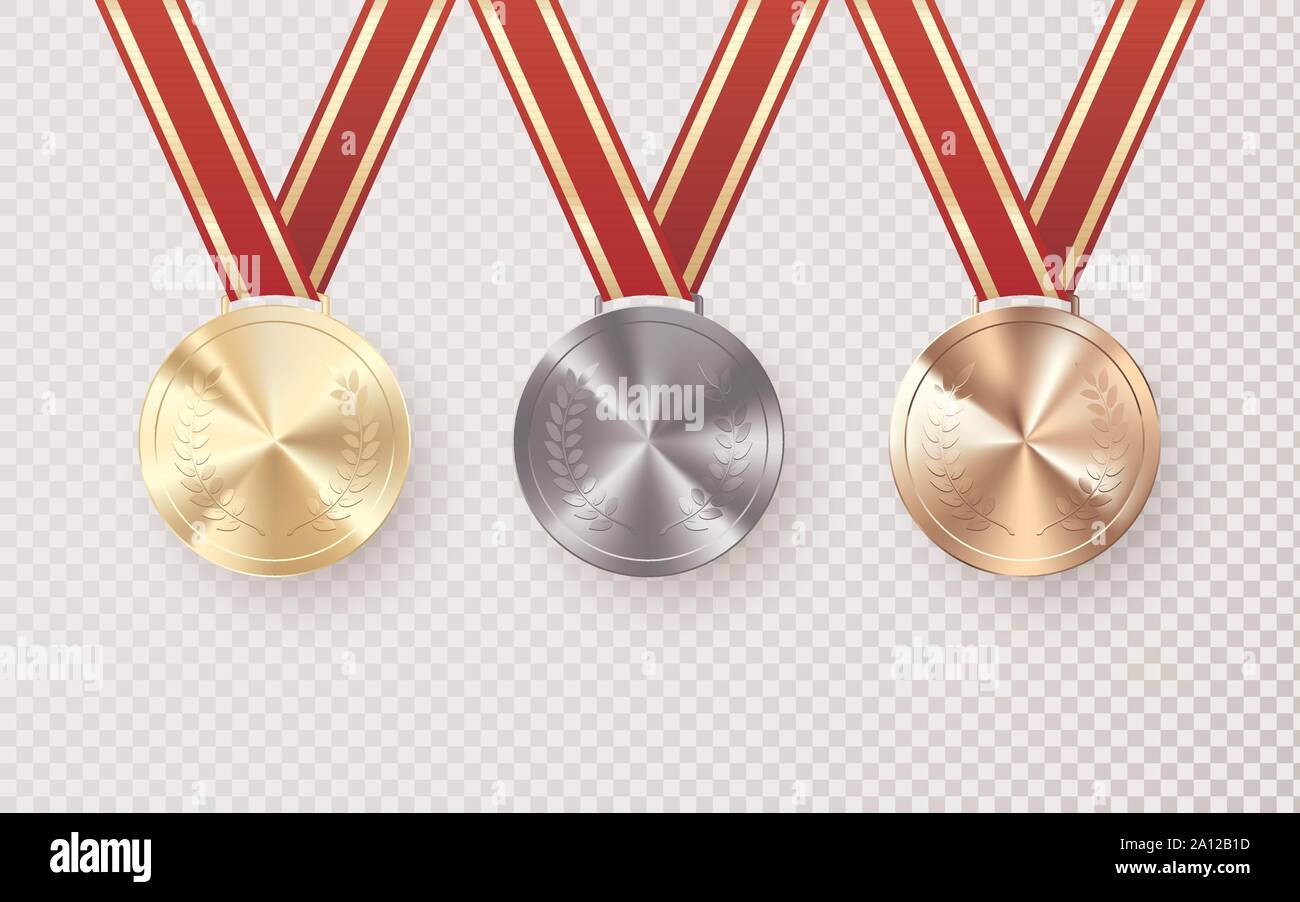 Golden Silber- und Bronzemedaillen mit Lorbeer am roten Band. Award Symbol für Sieg und Erfolg. Vector Illustration isoliert auf transparente Ba Stock Vektor