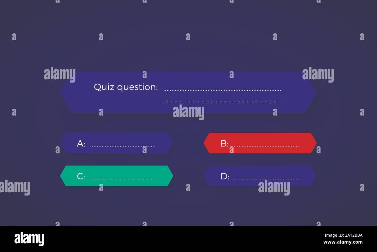 Design von Quiz in blauer Farbe. Frage und vier Antwort Option. Die richtige Antwort ist grün. Falsche Antwort ist rot. Vector Illustration Stock Vektor
