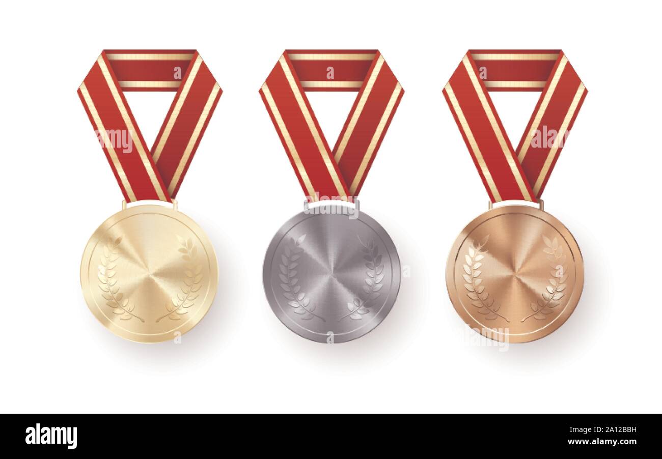 Golden Silber- und Bronzemedaillen mit Lorbeer am roten Band. Reihe von Auszeichnungen. Award Symbol für Sieg und Erfolg. Vector Illustration Stock Vektor