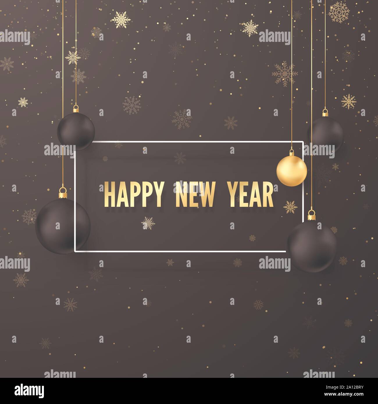 Neues Jahr Grußkarte. Golden Text in weißen Rahmen auf dunklem Hintergrund mit Weihnachten Dekoration schwarze und goldene Kugeln. Vector Illustration Stock Vektor