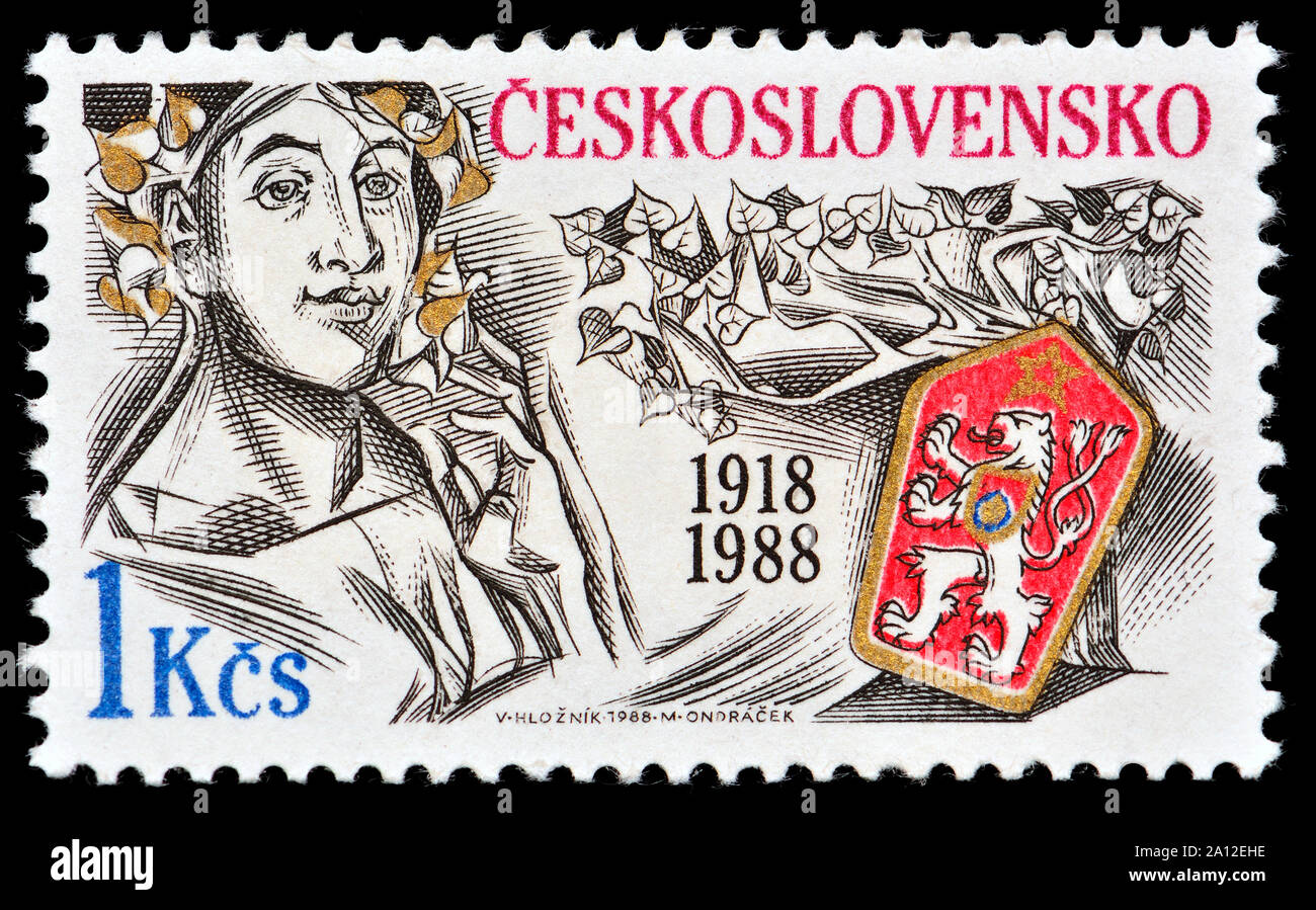 Tschechoslowakische Briefmarke (1988): 70. Jahrestag der Tschechoslowakischen Republik Stockfoto