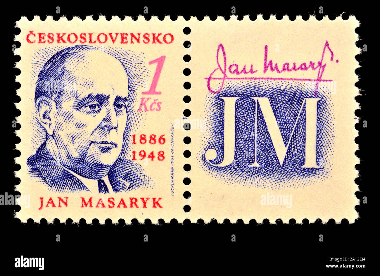 Tschechoslowakische Briefmarke (1991): Jan Masaryk (1886-1948), Politiker und Diplomat Stockfoto