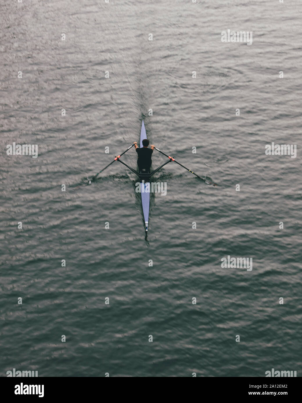 Ansicht von oben ein Ruderer in einem einzigen scull Boot auf ruhigem Wasser mittlerem Hub, Bewegungsunschärfe. Stockfoto