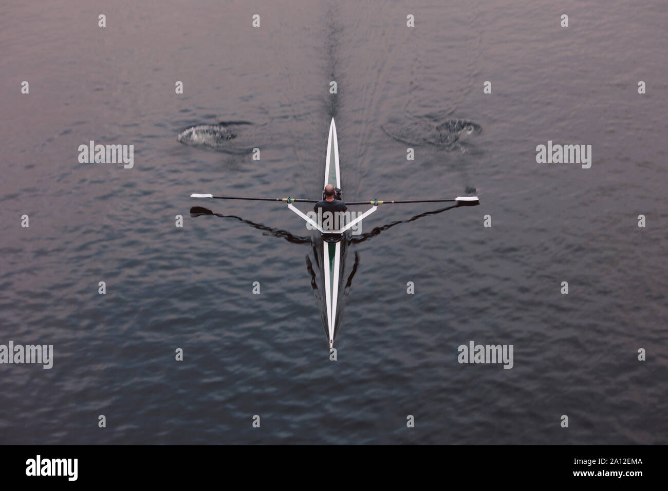 Ansicht von oben ein Ruderer in einem einzigen scull Boot auf ruhigem Wasser mittlerem Hub, Bewegungsunschärfe. Stockfoto