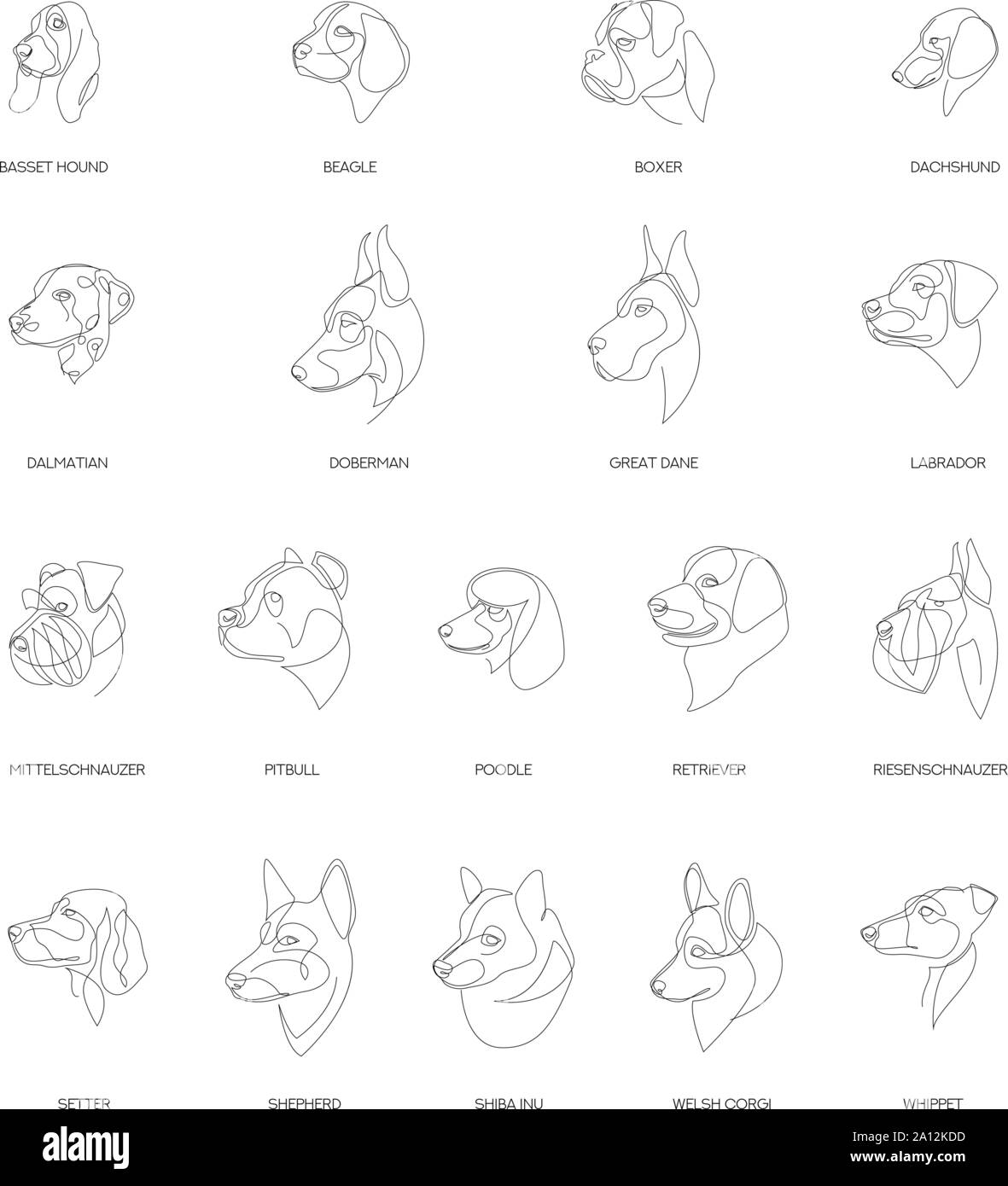 Rassen von Hunden im minimalistischen Stil eingerichtet. Eine Zeile Hunde. Minimale Vector Illustration. Stock Vektor