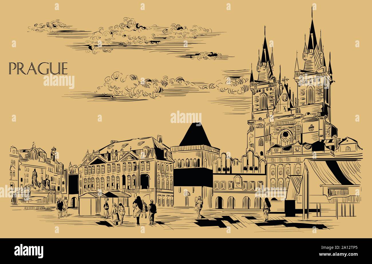 Vektor hand Zeichnung Abbildung. Stadtbild der Altstadt und die Teynkirche. Wahrzeichen von Prag, tschechische Republik. Vector Illustration in schwarzer Farbe Stock Vektor
