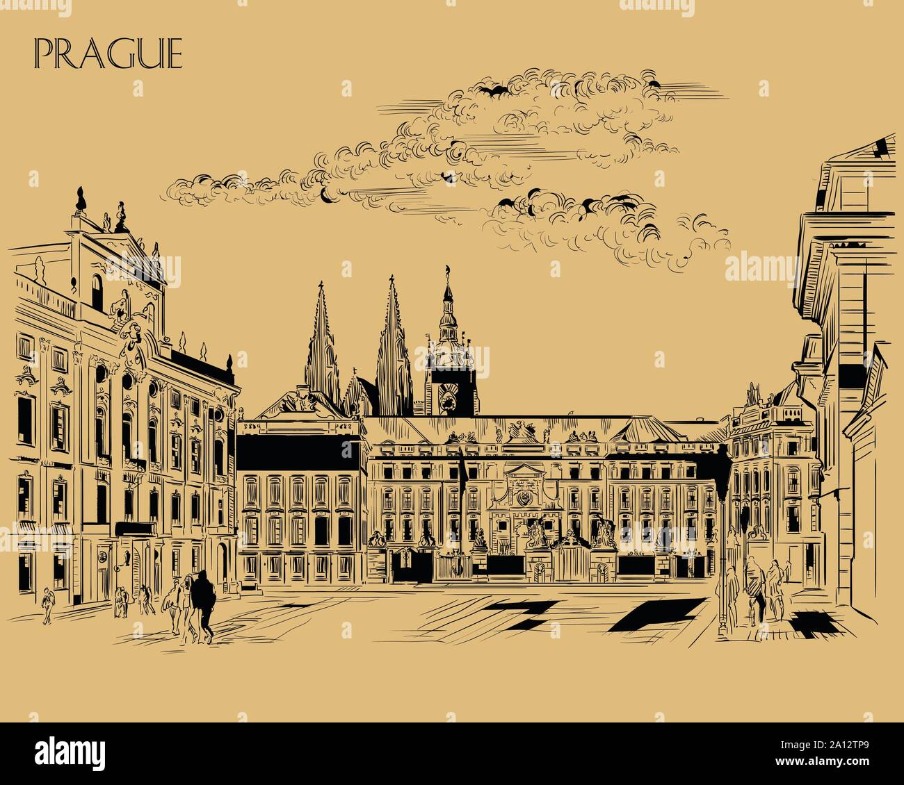 Vektor hand Zeichnung Abbildung: Hradschin Platz. Die zentralen Tor der Burg Hradcany. Wahrzeichen von Prag, tschechische Republik. Vector Illustration Stock Vektor