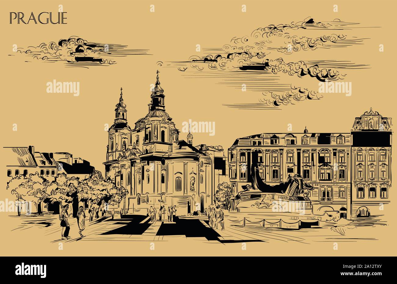 Vektor hand Zeichnung Abbildung. Stadtbild von St. Nicholas Kirche und Jan Hus Denkmal. Wahrzeichen von Prag, tschechische Republik. Vector Illustration in b Stock Vektor
