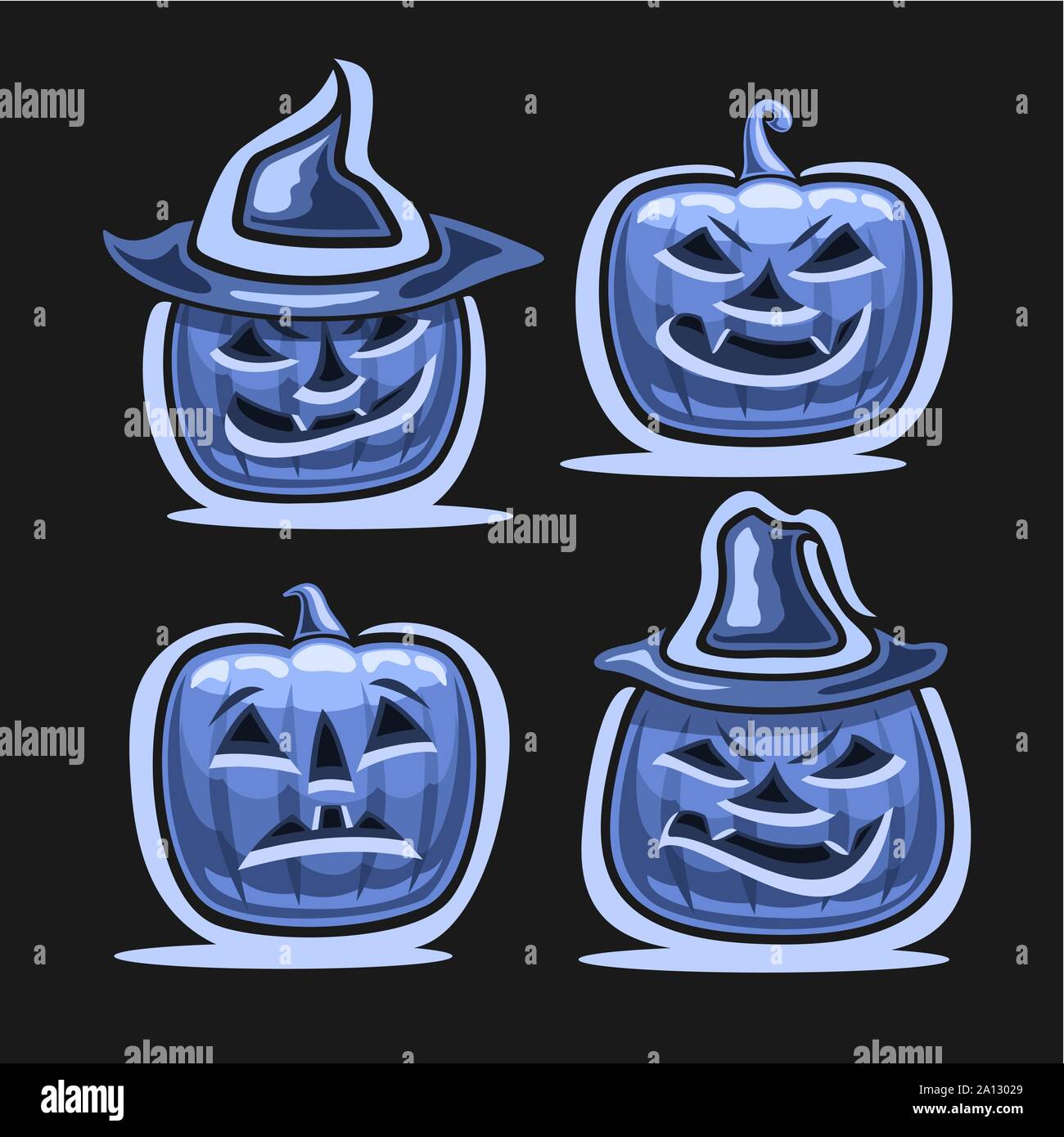 Vektor einrichten von Halloween Kürbisse: 4 blue Jack-o-Lantern mit unterschiedlichen Zeichen in Hüte, Symbole von Halloween Symbol mit bösen Lächeln und Schrecken emotio Stock Vektor