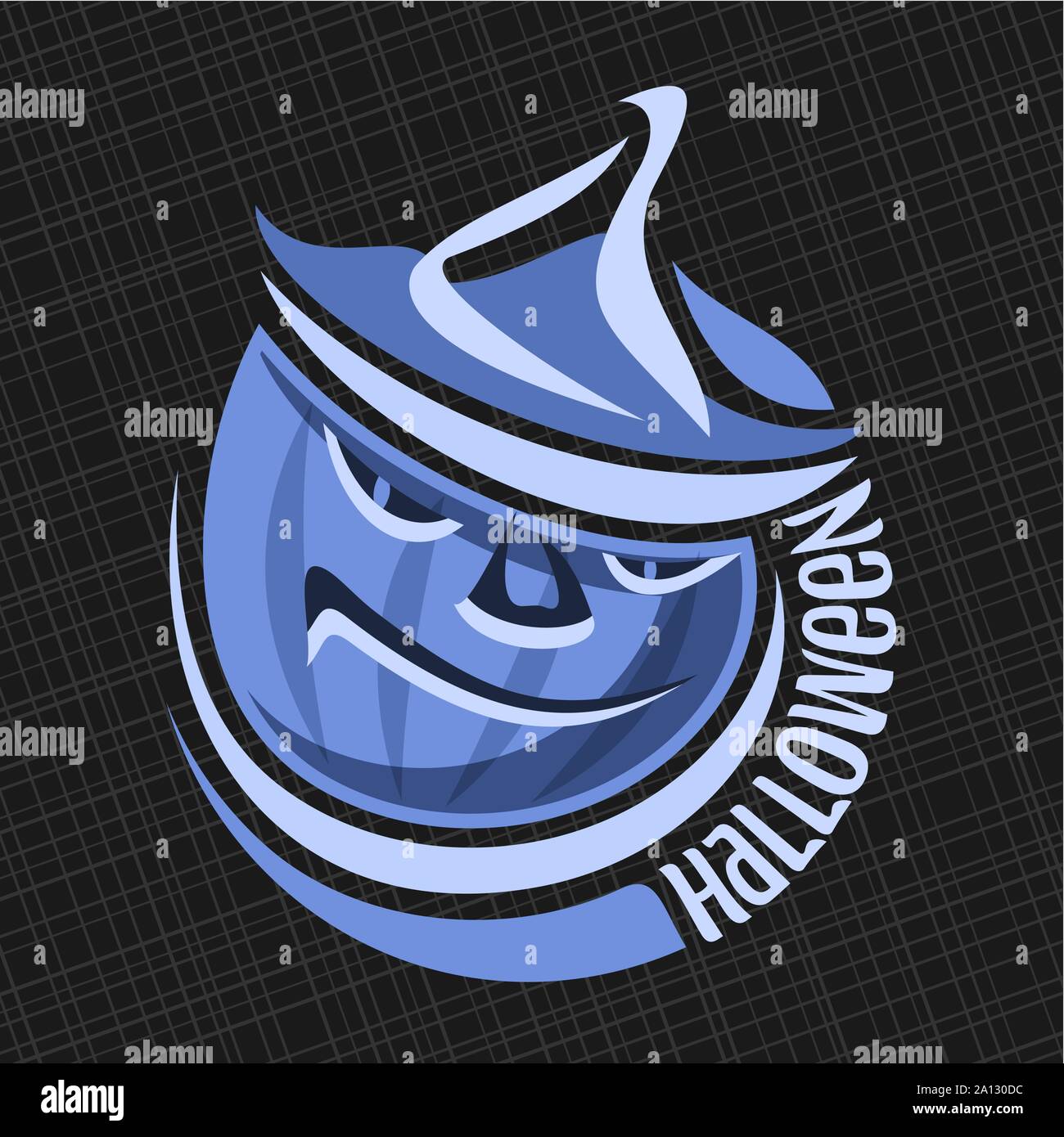 Vektor logo für Halloween Kürbis: blau Mondlicht auf Jack-o-Lantern mit bösen Lächeln in hat, runden Symbol von Halloween Symbol auf schwarzem Abstrakt Hintergrund. Stock Vektor