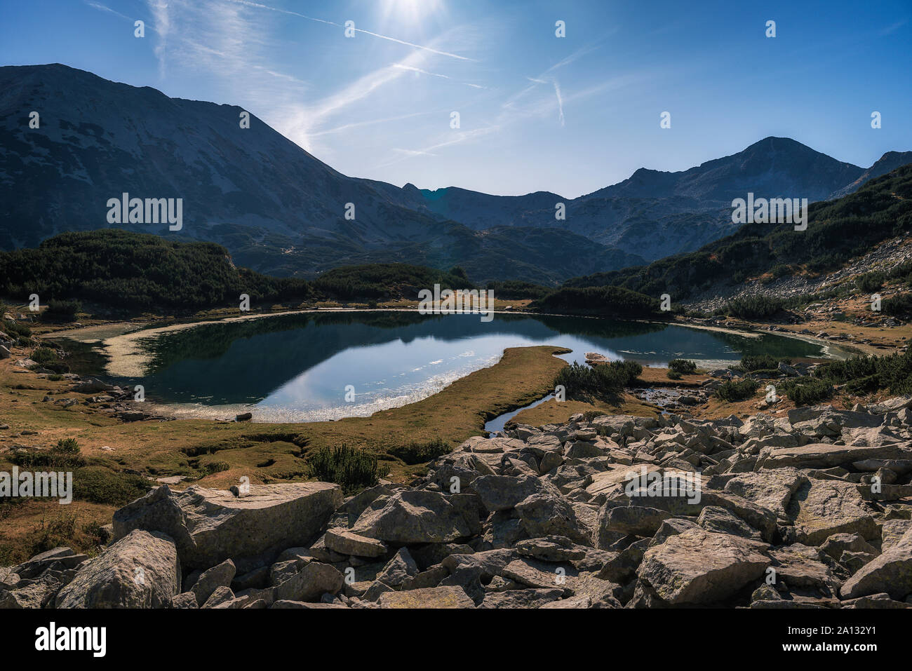 Panoramablick morgen Blick auf Muratovo See, Pirin-gebirge, Bulgarien Stockfoto