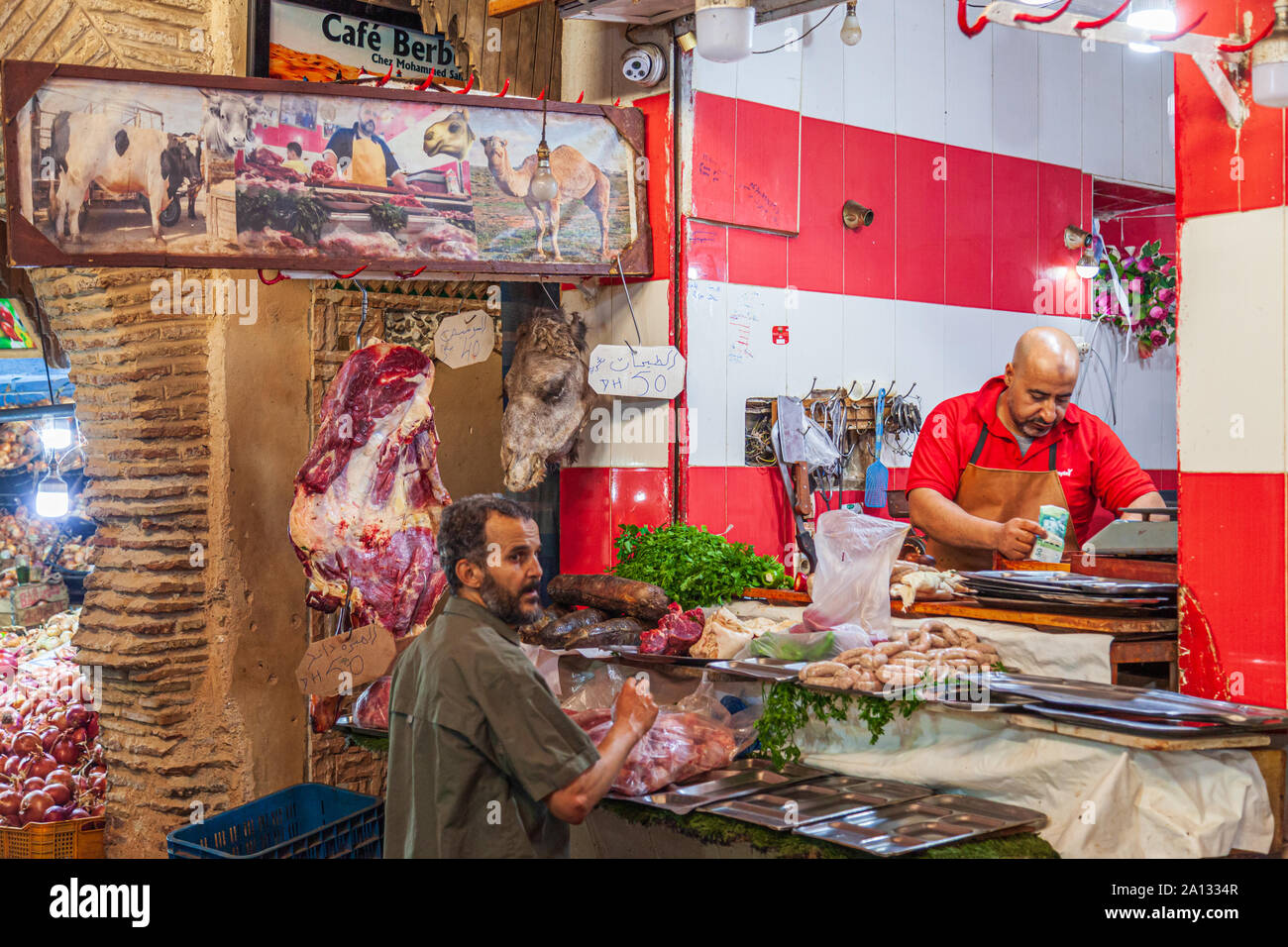 Metzger in Fes Medina Souk Marokko verkauf Kamel Fleisch mit Kamelen Kopf auf Display Stockfoto