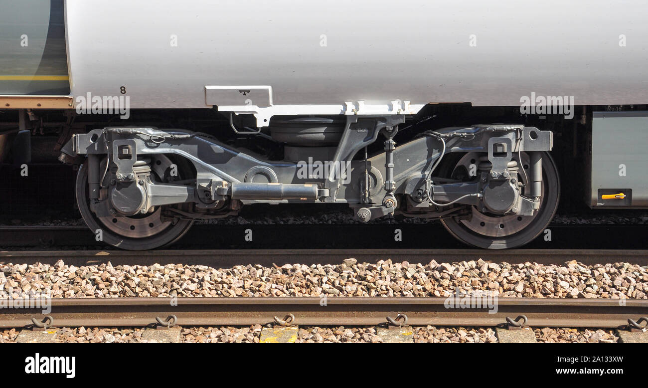 Drehgestell rad Details auf Klasse 800 Azuma express Personenzug, Peterborough, Cambridgeshire, England, Großbritannien Stockfoto