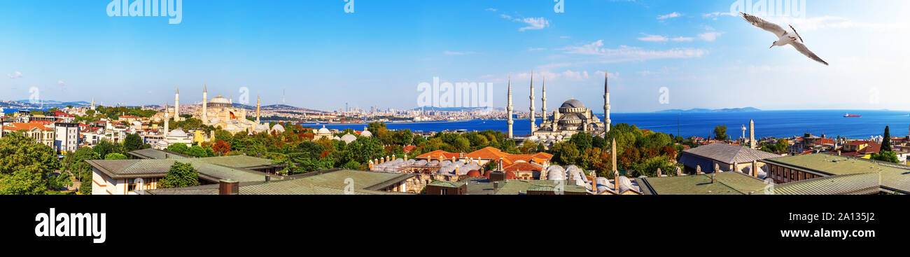 Skyline von Istanbul Panorama: Die Dächer, die Hagia Sophia und die Blaue Moschee, Türkei Stockfoto
