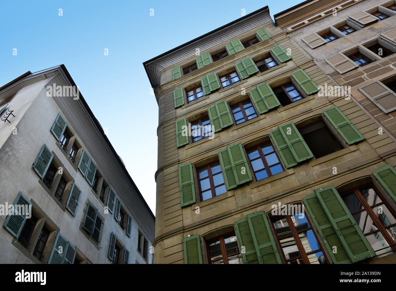 Gebäude Architektur auf der Straße Grand Rue, Altstadt von Genf, Schweiz. Stockfoto